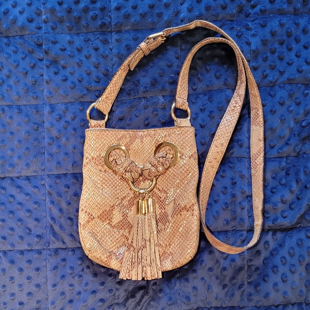 Michael Kors Snakeskin Purse w/ tassels, brown, tan, with gold metal fittings.